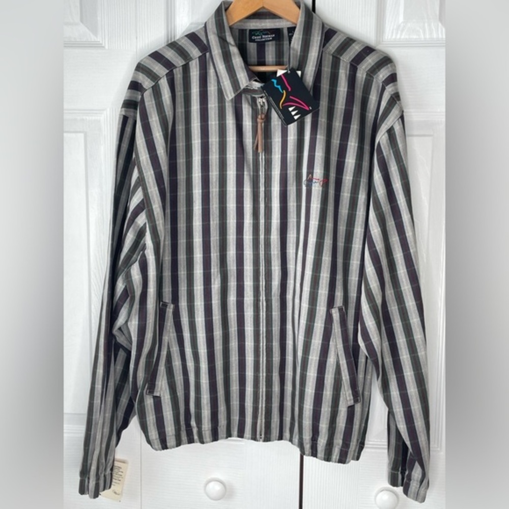 Greg Norman Collection Shark Logo Plaid Stripe Men's L Zipper Golf Jacket NWT